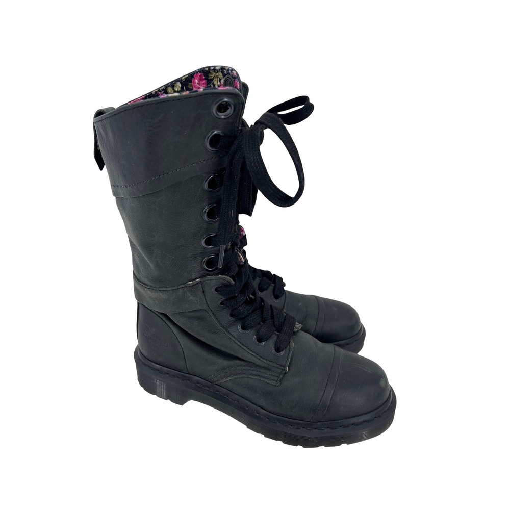 Dr. Martens Triumph Boots Black Leather Floral Lined Fold Down Womens 7